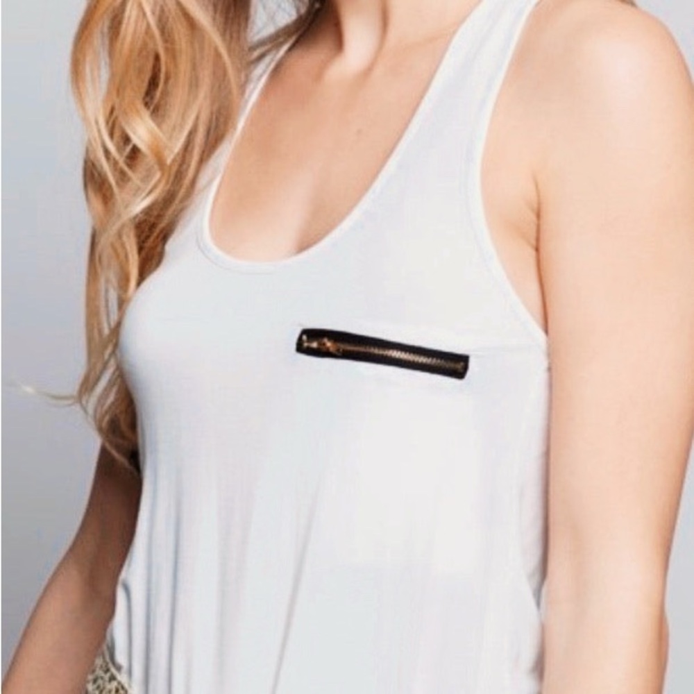 POL Zipper White Sleeveless Tank Top